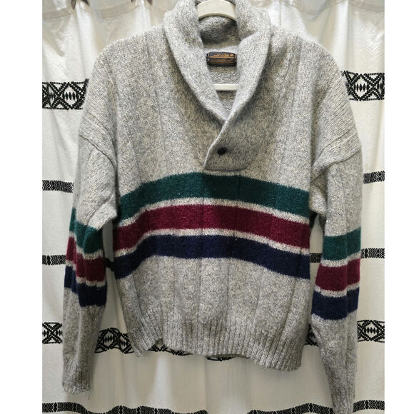 Vintage Eddie Bauer gray green blue red striped thick knit wool blend sweater XL - Picture 1 of 14